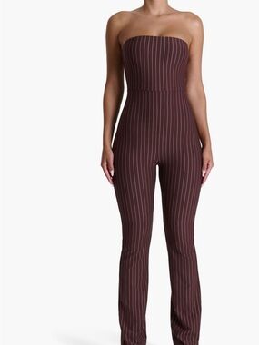 Naked Wardrobe Strapless Pinstripe Jumpsuit in Chocolate Brown